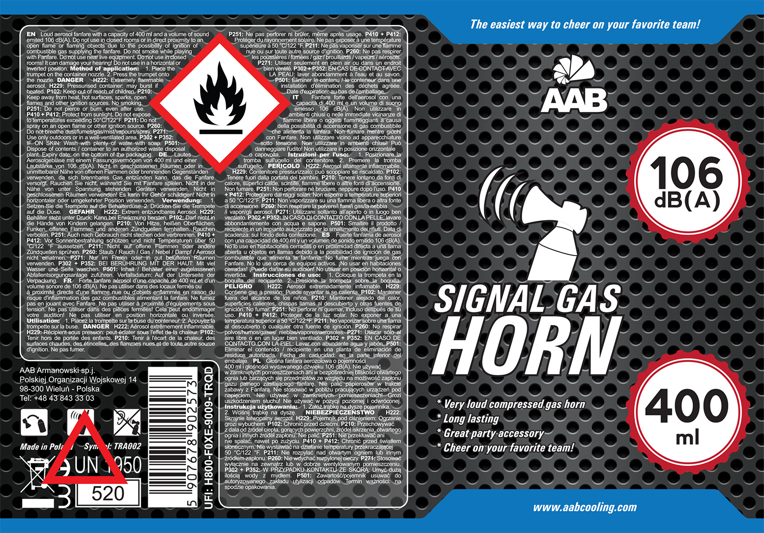 10 x AAB SIGNAL GAS HORN 400ml - PRESSLUFT-HORN, FUSSBALL-HUPE,  DRUCKLUFT-HORN